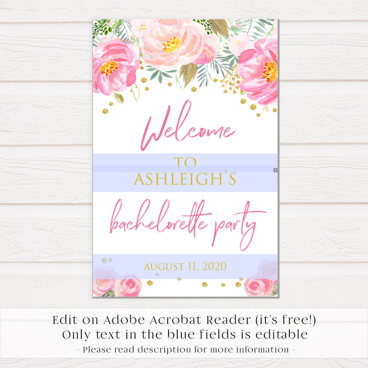 bachelorette welcome sign, blush gold bachelorette invitation, editable bridal shower invitations, corjl invite, bachelorette party invite, floral bridal invite