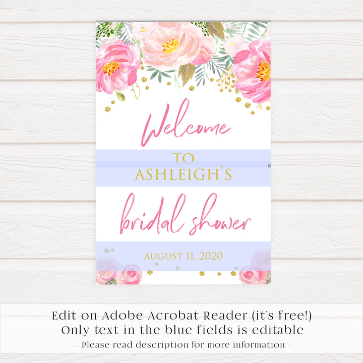 bridal shower welcome sign, editable bridal shower invitation, bridal shower invite, blush gold bachelorette invitation, editable bridal shower invitations, corjl invite, bachelorette party invite, floral bridal invite