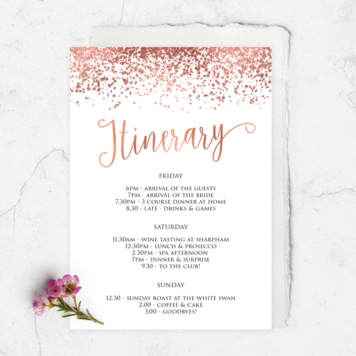 Editable Bridal & Bachelorette Itinerary - Rose Gold Foil