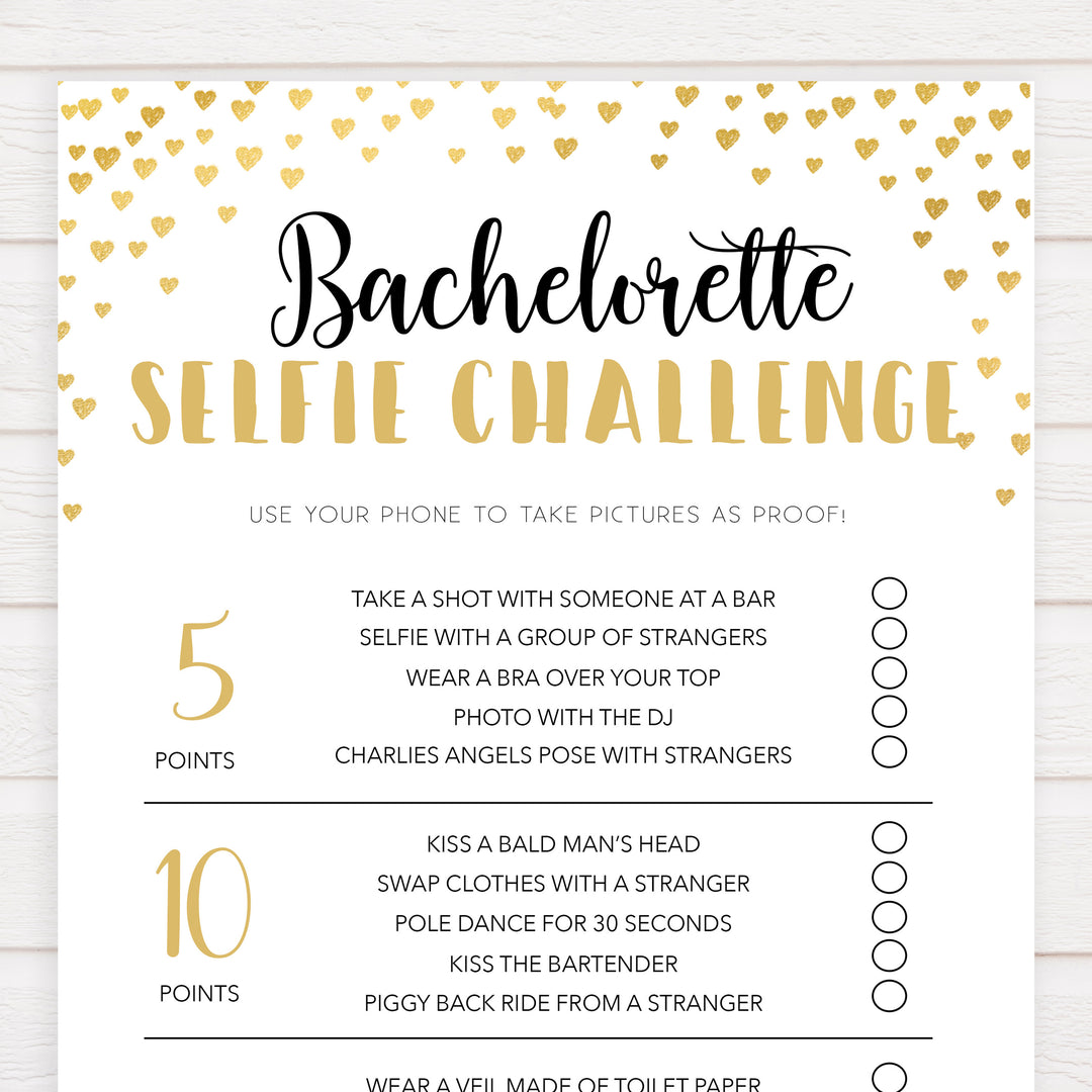 Gold hearts bachelorette games, bachelorette selfie challenge game, printable bachelorette games, hen party games, top party games, fun bridal shower games, bachelorette party games