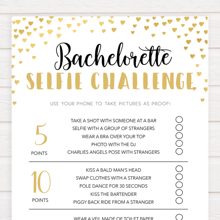 Gold hearts bachelorette games, bachelorette selfie challenge game, printable bachelorette games, hen party games, top party games, fun bridal shower games, bachelorette party games