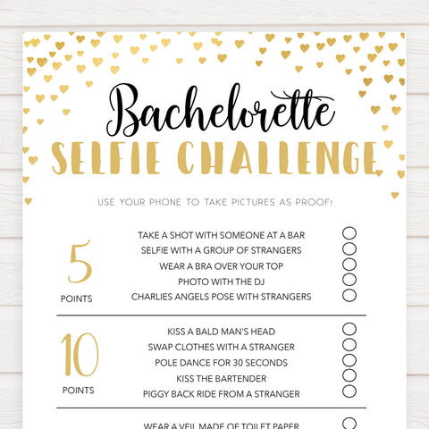 Gold hearts bachelorette games, bachelorette selfie challenge game, printable bachelorette games, hen party games, top party games, fun bridal shower games, bachelorette party games