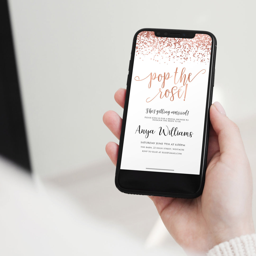 pop the rose bridal shower invite, editable bridal shower invite, rose gold bridal shower invite, bridal invite
