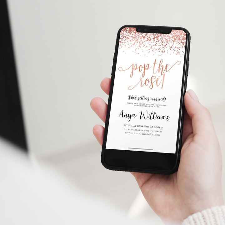 pop the rose bridal shower invite, editable bridal shower invite, rose gold bridal shower invite, bridal invite