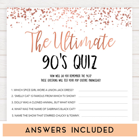 Rose gold bachelorette games, Ultimate 90s Quiz, bachelorette games, bridal shower games, top 10 baby games, fun bachelorette games, top bridal games, rose gold games