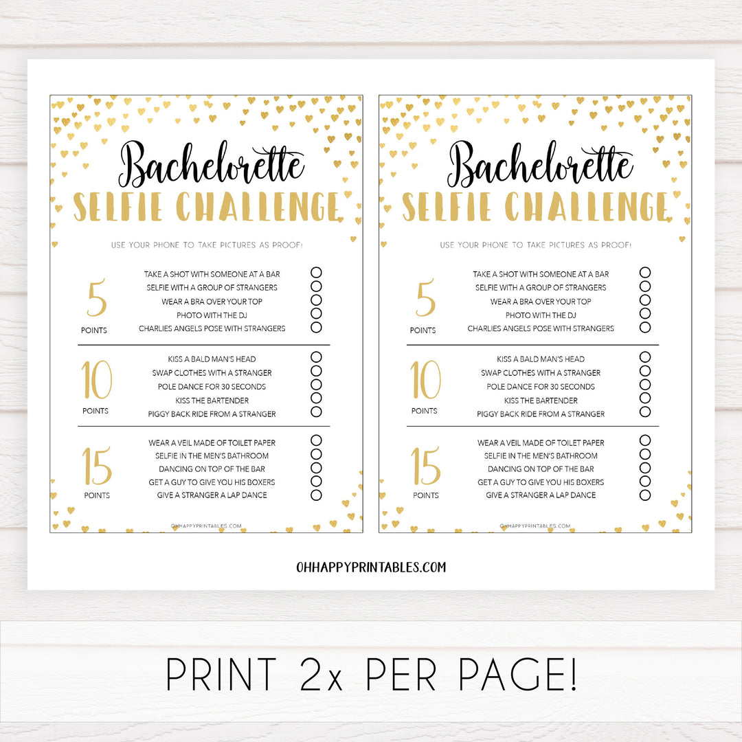 Gold hearts bachelorette games, bachelorette selfie challenge game, printable bachelorette games, hen party games, top party games, fun bridal shower games, bachelorette party games