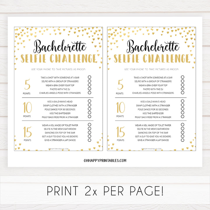 Gold hearts bachelorette games, bachelorette selfie challenge game, printable bachelorette games, hen party games, top party games, fun bridal shower games, bachelorette party games