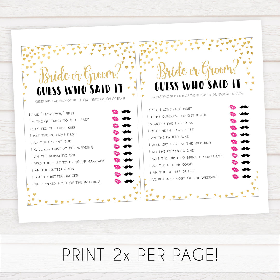 Gold hearts bridal shower games, he said she said, printable bridal games, gold bridal games, gold hearts bridal games, fun bridal games, top bridal games, best bridal games