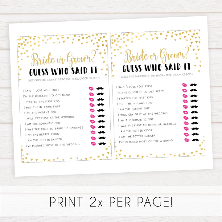 Gold hearts bridal shower games, he said she said, printable bridal games, gold bridal games, gold hearts bridal games, fun bridal games, top bridal games, best bridal games