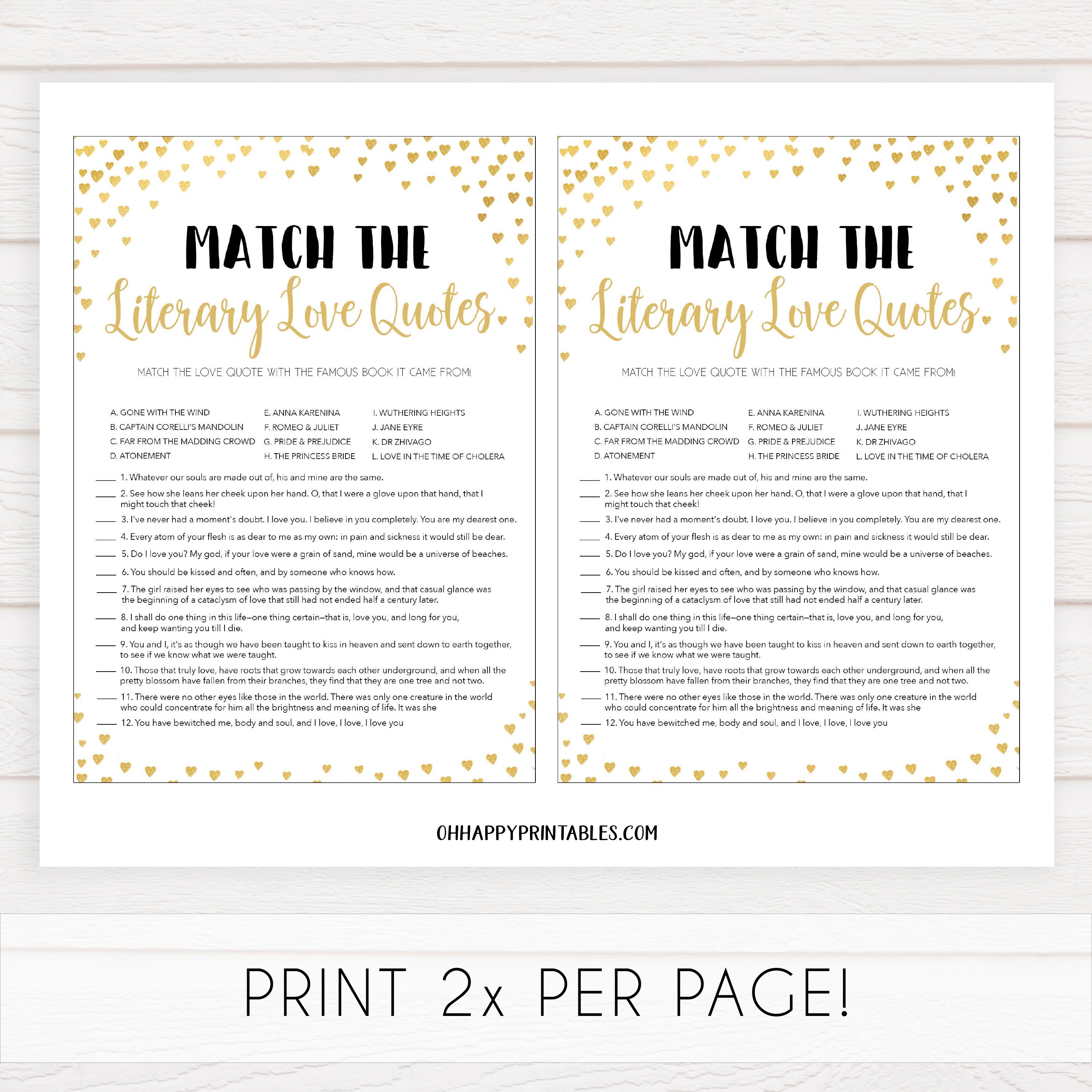 Gold hearts bridal shower games, literary love quotes, printable bridal games, gold bridal games, gold hearts bridal games, fun bridal games, top bridal games, best bridal games
