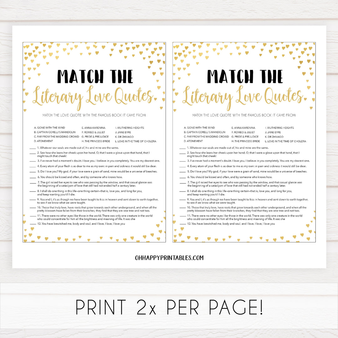 Gold hearts bridal shower games, literary love quotes, printable bridal games, gold bridal games, gold hearts bridal games, fun bridal games, top bridal games, best bridal games