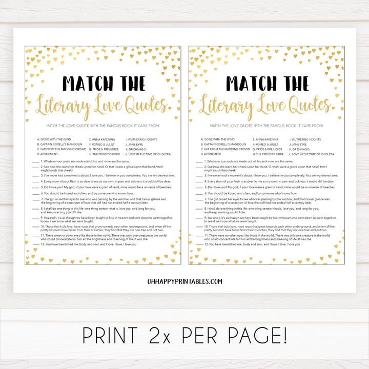 Gold hearts bridal shower games, literary love quotes, printable bridal games, gold bridal games, gold hearts bridal games, fun bridal games, top bridal games, best bridal games