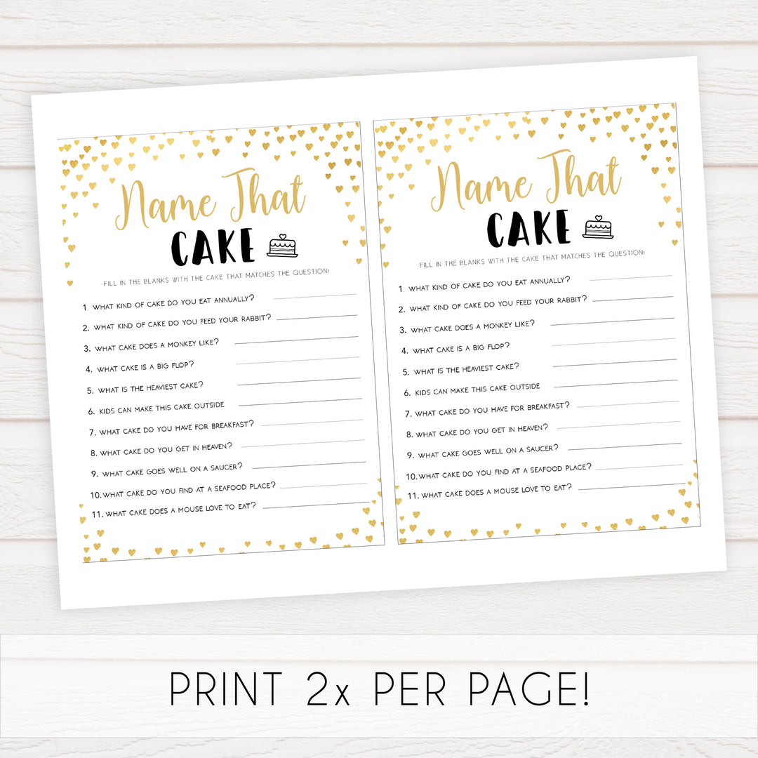 Gold hearts bridal shower games, name the cake, printable bridal games, gold bridal games, gold hearts bridal games, fun bridal games, top bridal games, best bridal games