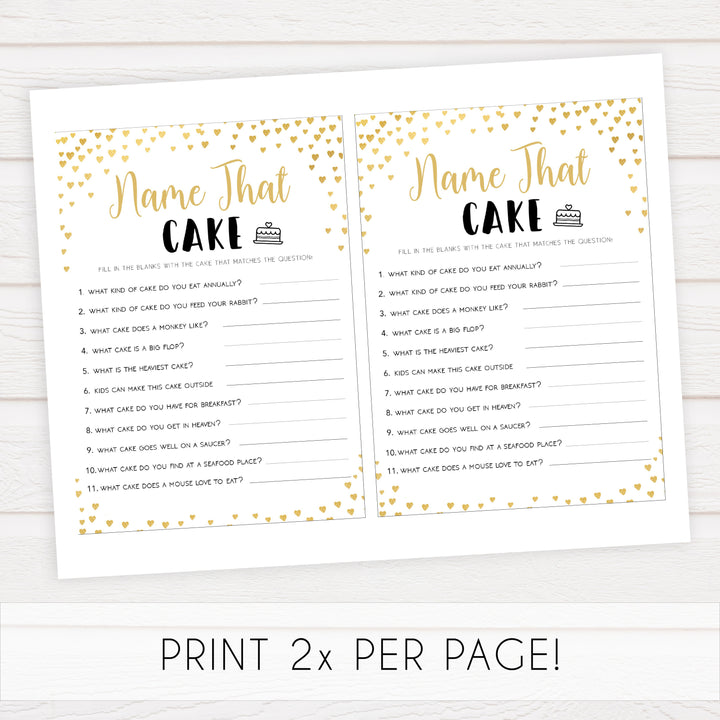 Gold hearts bridal shower games, name the cake, printable bridal games, gold bridal games, gold hearts bridal games, fun bridal games, top bridal games, best bridal games
