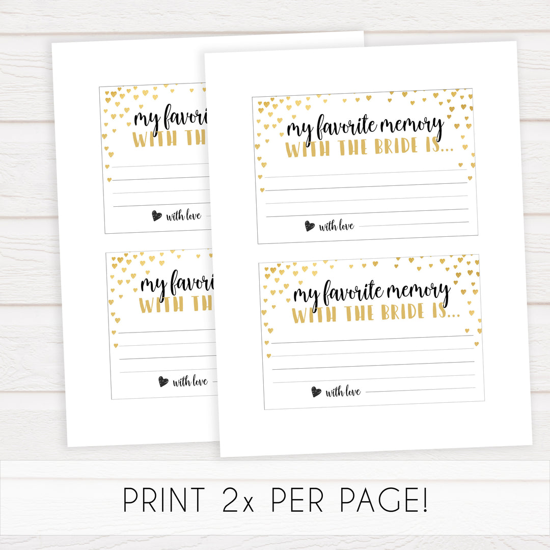 Gold hearts bridal shower games, favorite memory of the bride, printable bridal games, gold bridal games, gold hearts bridal games, fun bridal games, top bridal games, best bridal games