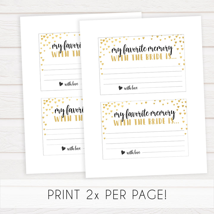 Gold hearts bridal shower games, favorite memory of the bride, printable bridal games, gold bridal games, gold hearts bridal games, fun bridal games, top bridal games, best bridal games