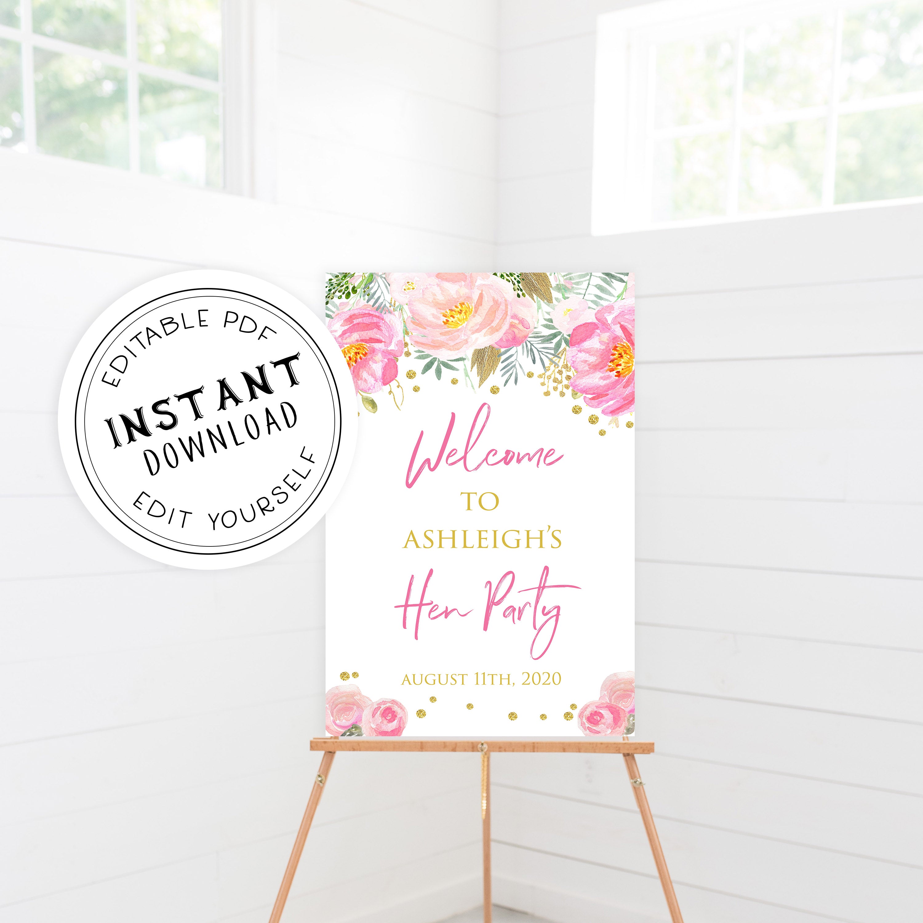 Hen party welcome sign, printable bridal shower games, blush floral bridal shower games, fun bridal shower games