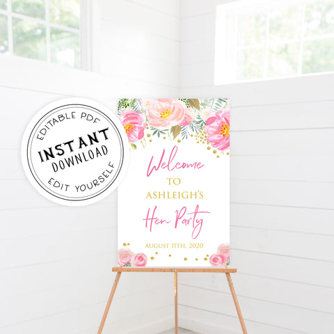 Hen party welcome sign, printable bridal shower games, blush floral bridal shower games, fun bridal shower games