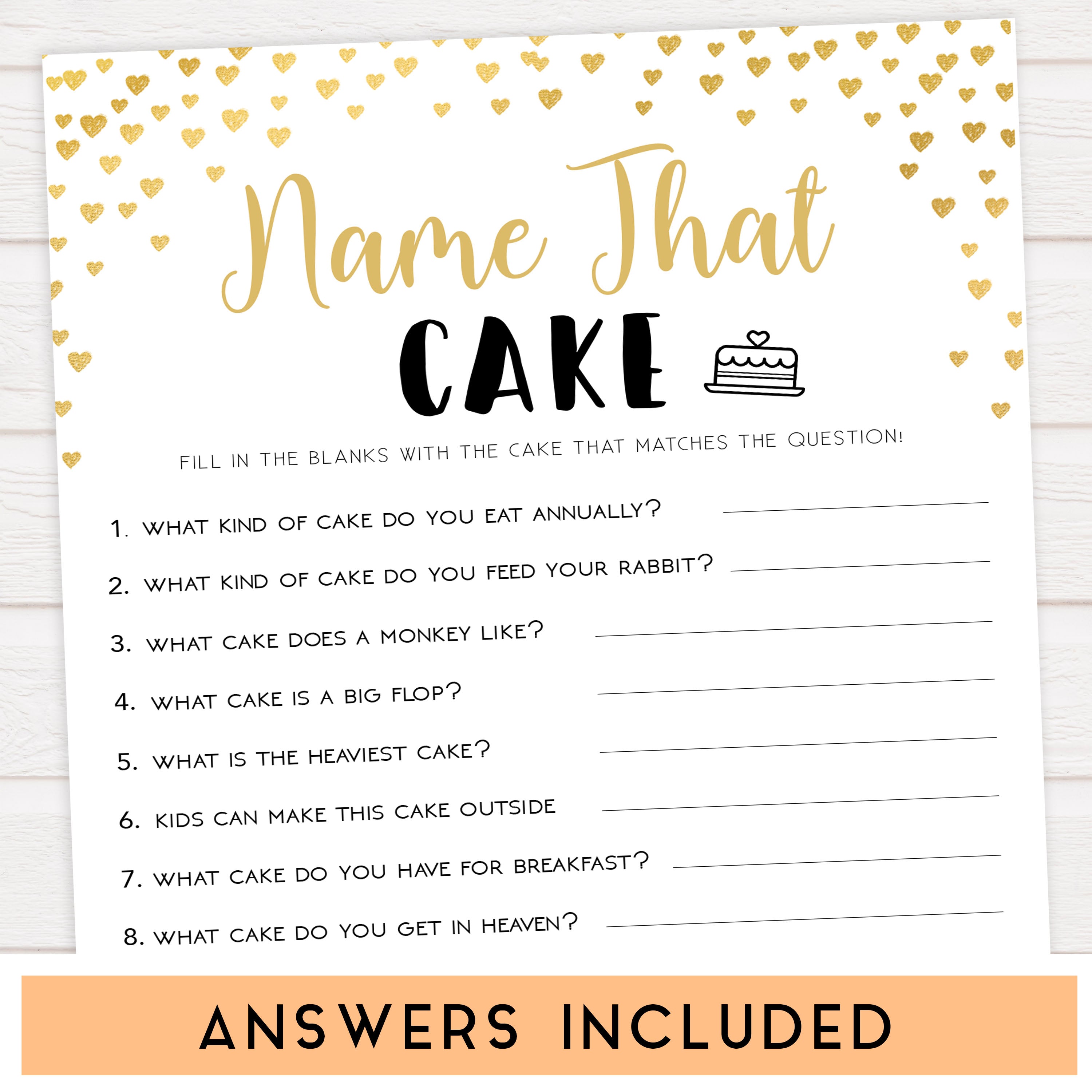 Gold hearts bridal shower games, name the cake, printable bridal games, gold bridal games, gold hearts bridal games, fun bridal games, top bridal games, best bridal games
