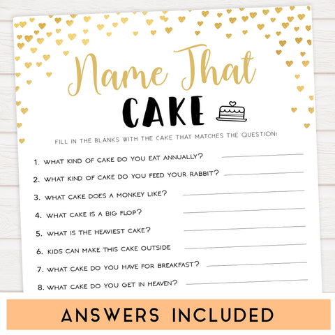 Gold hearts bridal shower games, name the cake, printable bridal games, gold bridal games, gold hearts bridal games, fun bridal games, top bridal games, best bridal games