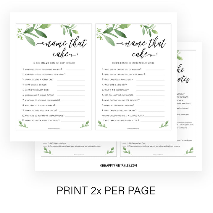 8 Bridal Shower Games Bundle - Greenery