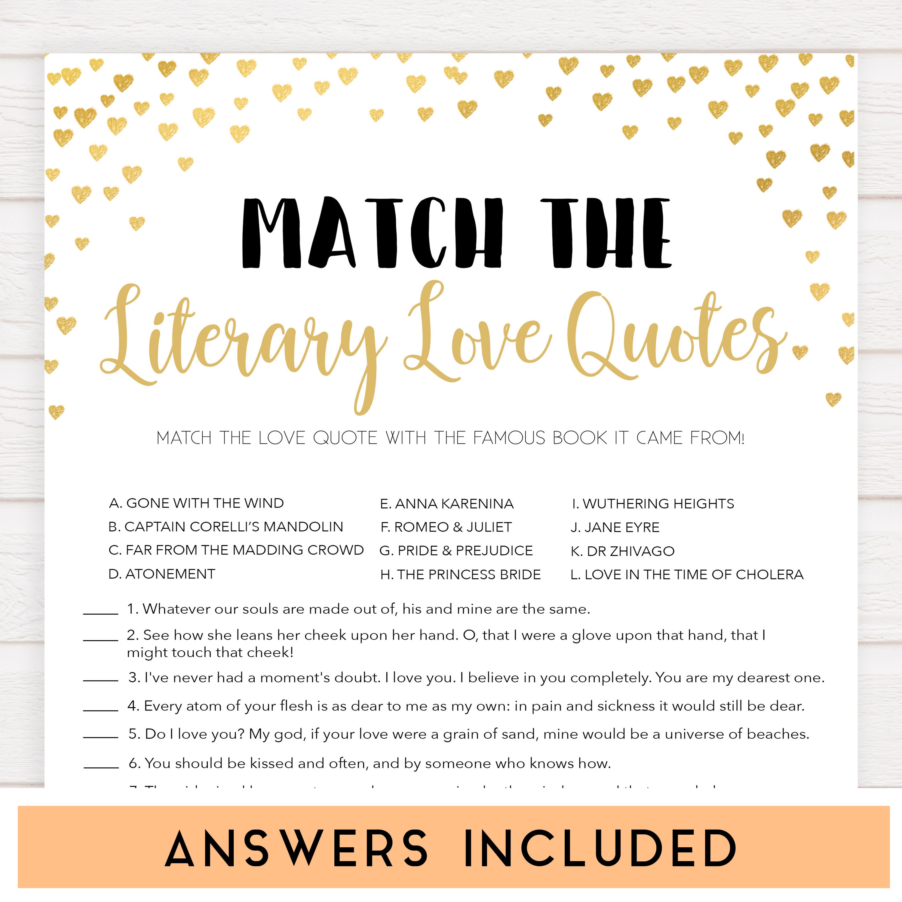 Gold hearts bridal shower games, literary love quotes, printable bridal games, gold bridal games, gold hearts bridal games, fun bridal games, top bridal games, best bridal games