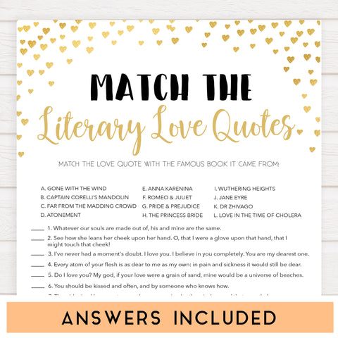 Gold hearts bridal shower games, literary love quotes, printable bridal games, gold bridal games, gold hearts bridal games, fun bridal games, top bridal games, best bridal games