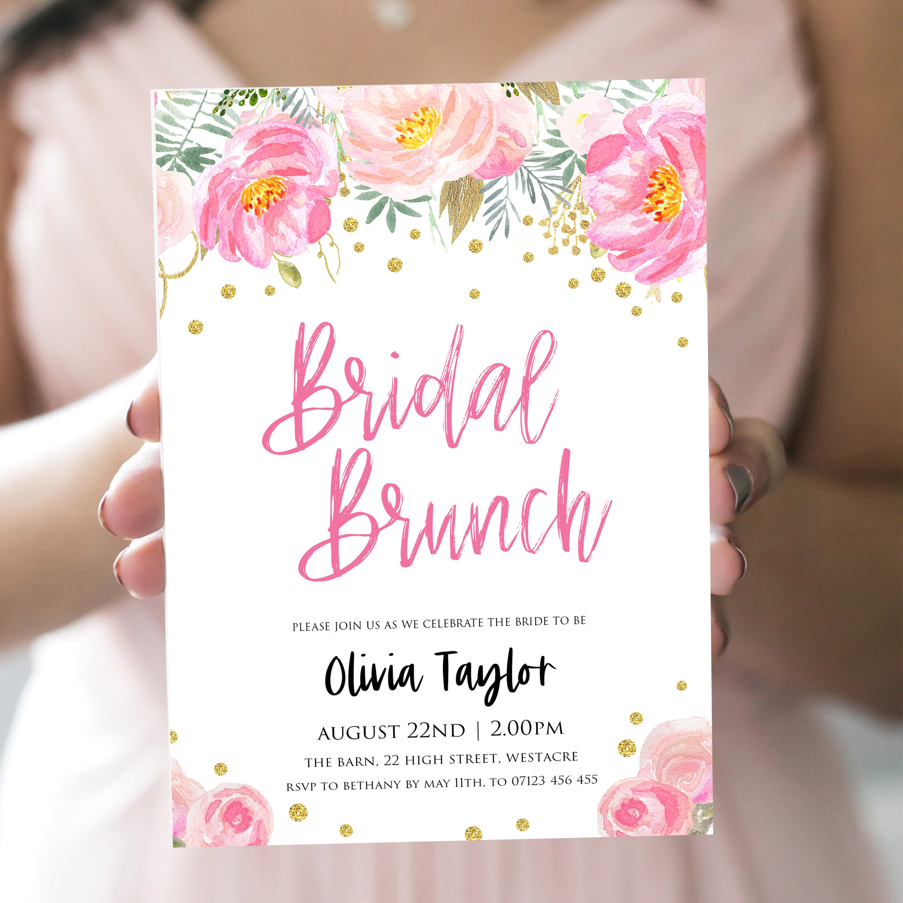 editable bridal brunch invite, blush gold bachelorette invitation, editable bridal shower invitations, corjl invite, bachelorette party invite, floral bridal invite