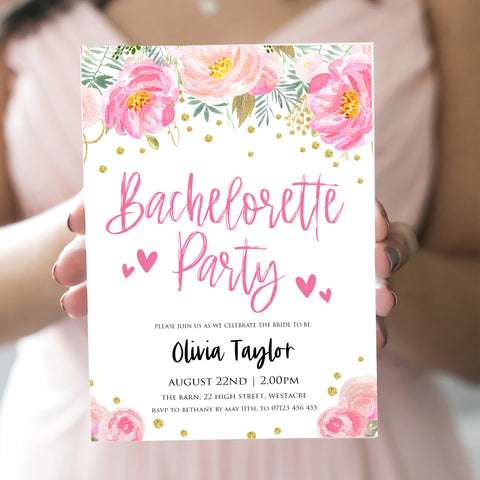 blush gold bachelorette invitation, editable bridal shower invitations, corjl invite, bachelorette party invite, floral bridal invite