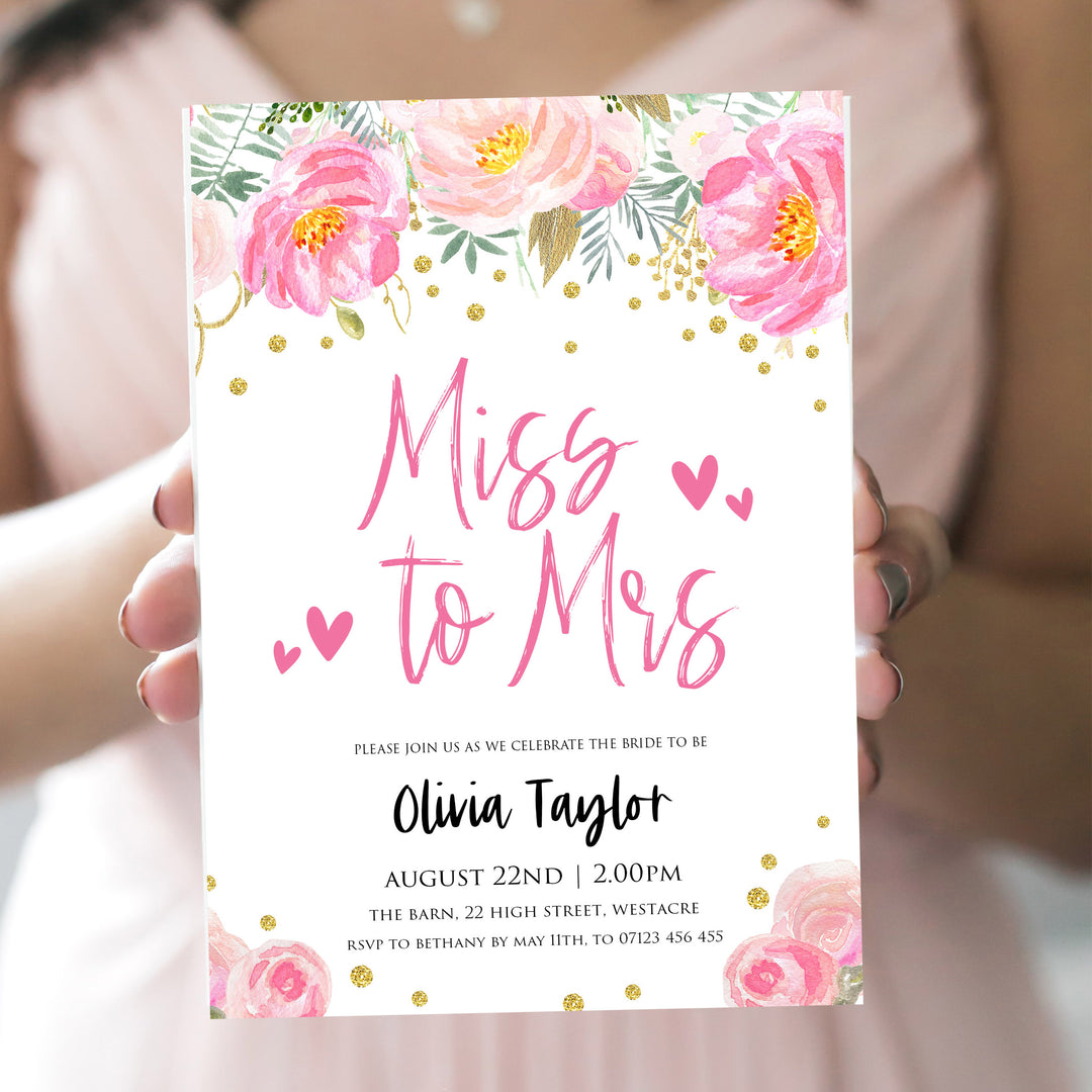 editable miss to mrs bridal shower invite, bridal invitation, blush gold bachelorette invitation, editable bridal shower invitations, corjl invite, bachelorette party invite, floral bridal invite