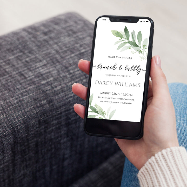 brunch and bubbly mobiel invite greenery bridal shower invite, mobile invites, editable bridal shower invite, corjl bridal invite, bachelorette party invite