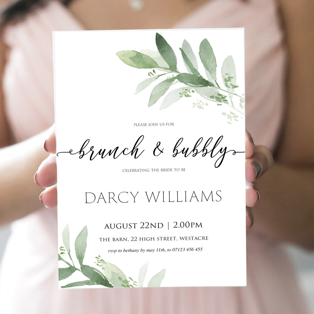 editable brunch and bubbly bridal shower invite, greenery bridal shower invite, mobile invites, editable bridal shower invite, corjl bridal invite, bachelorette party invite