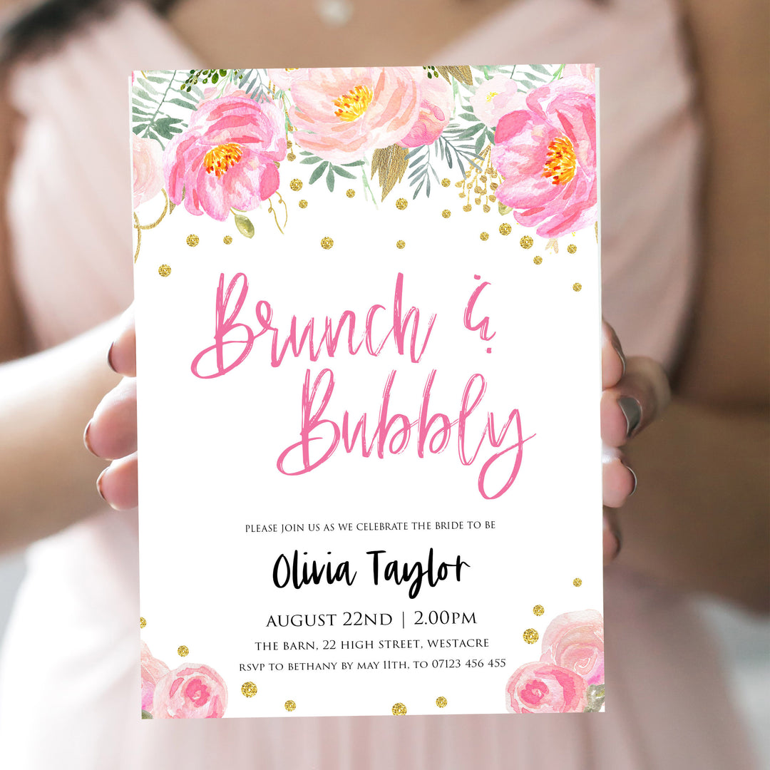 editable brunch and bubbly invite, bridal shower invitation, blush gold bachelorette invitation, editable bridal shower invitations, corjl invite, bachelorette party invite, floral bridal invite