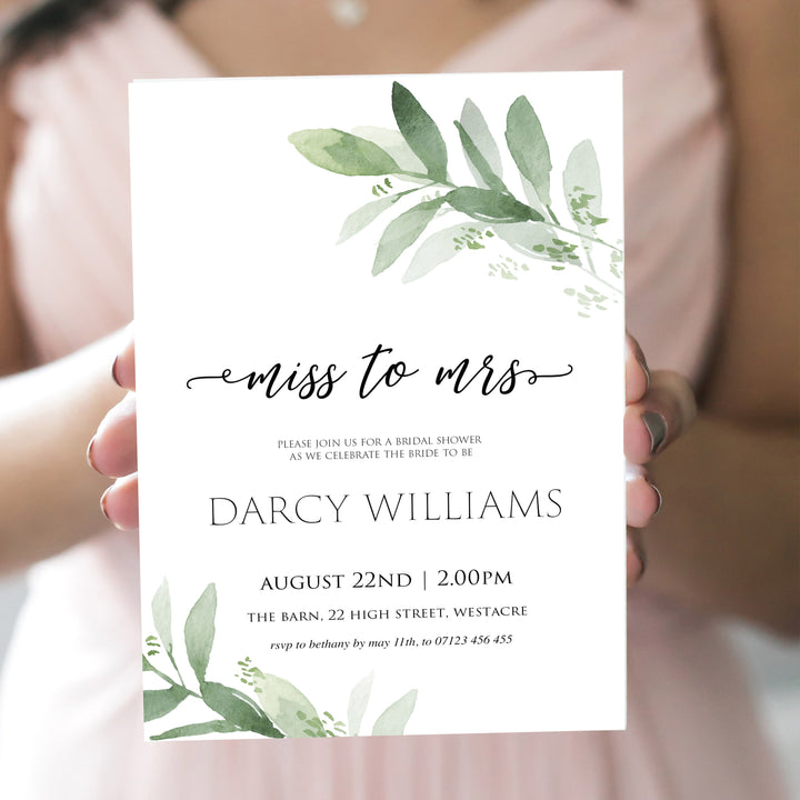 EDITABLE miss to mrs bridal shower invite, greenery bridal shower invite, mobile invites, editable bridal shower invite, corjl bridal invite, bachelorette party invite