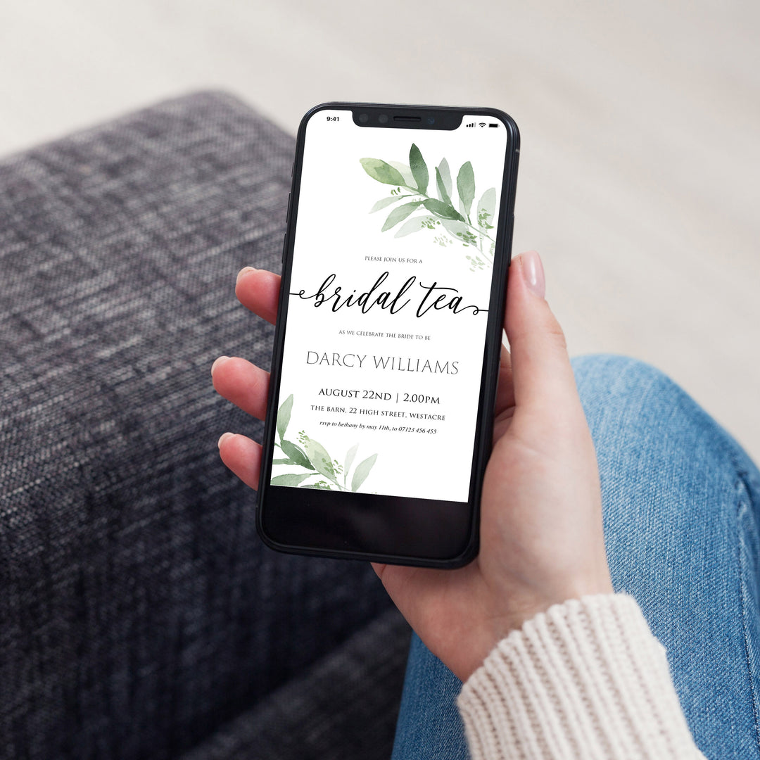 bridal tea party invite, greenery bridal shower invite, mobile invites, editable bridal shower invite, corjl bridal invite, bachelorette party invite