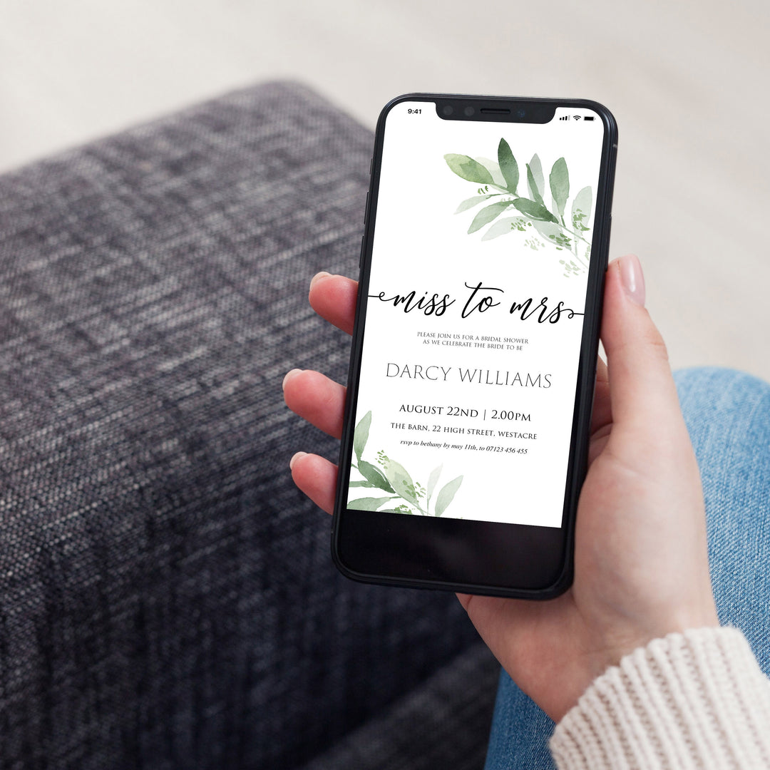 editable miss to mrs bridal shower invite, editable digital invitation, greenery bridal shower invite, mobile invites, editable bridal shower invite, corjl bridal invite, bachelorette party invite