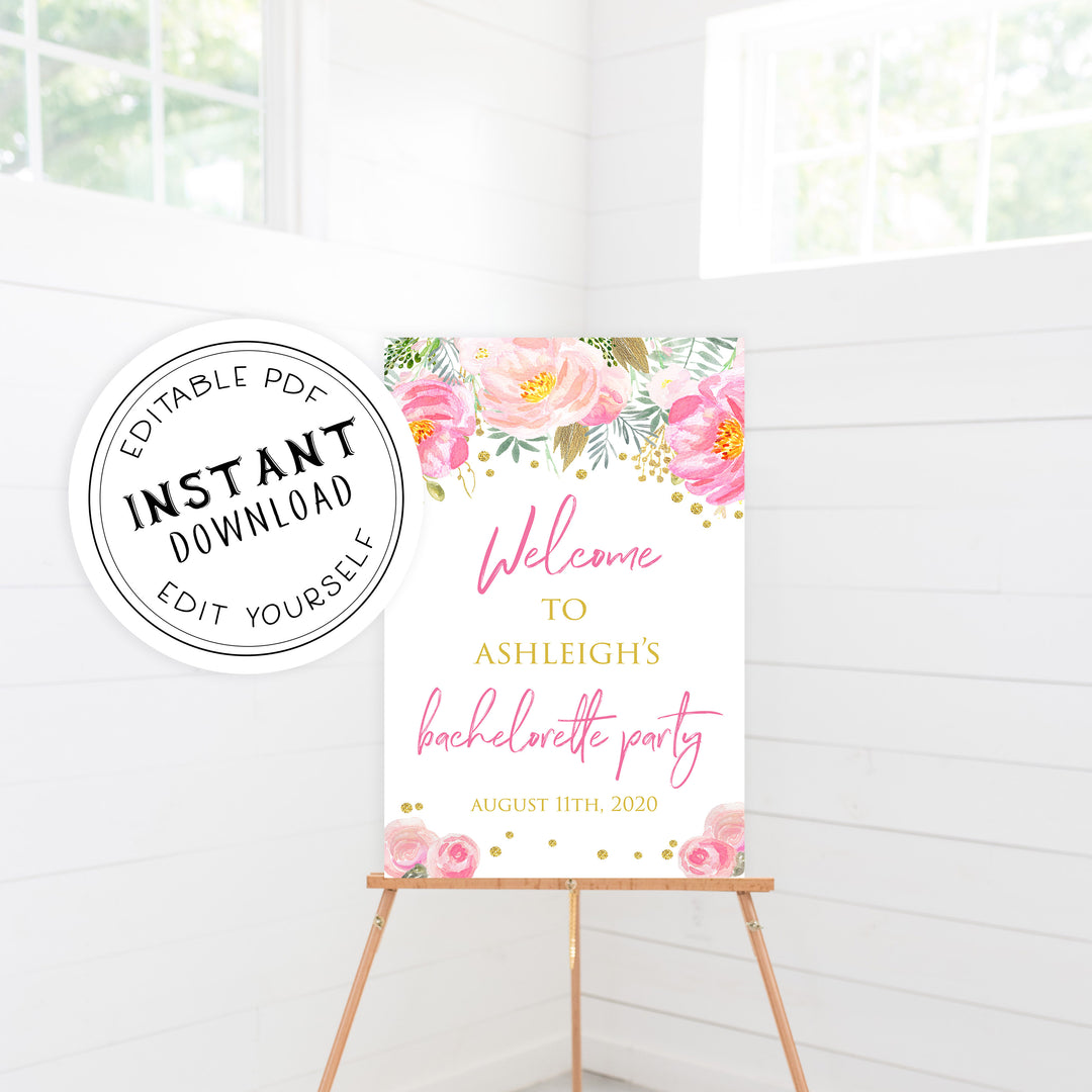 bachelorette welcome sign, blush gold bachelorette invitation, editable bridal shower invitations, corjl invite, bachelorette party invite, floral bridal invite