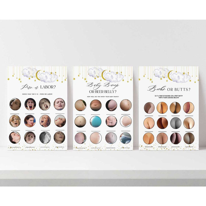 Twinkle Little Star baby games, labor or porn, baby bump or beer belly, boobs or butts, printable baby games, fun baby games, twinkle little star baby shower