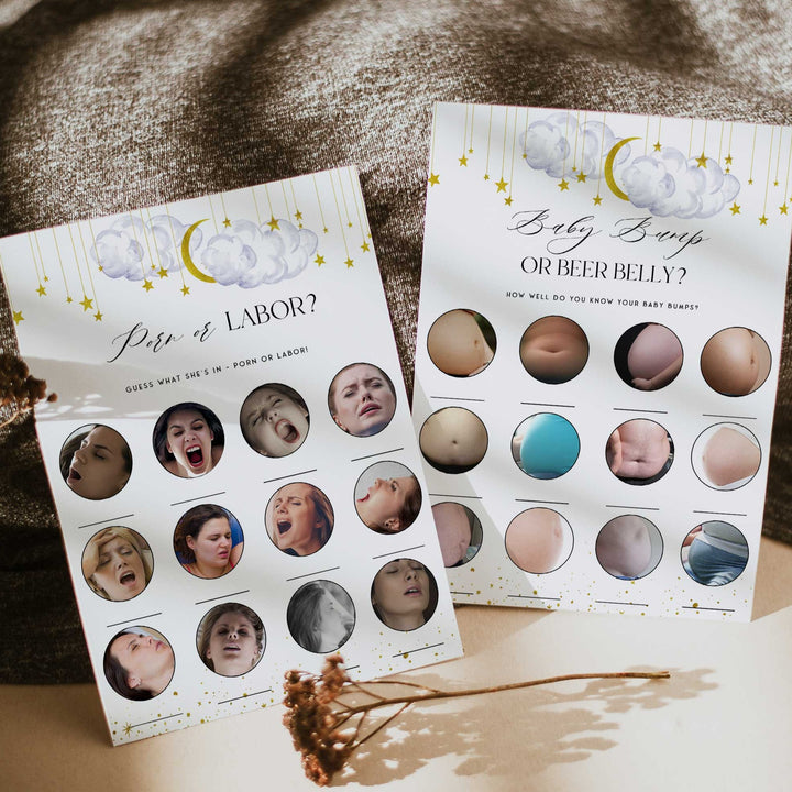 Twinkle Little Star baby games, labor or porn, baby bump or beer belly, boobs or butts, printable baby games, fun baby games, twinkle little star baby shower