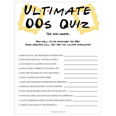 ultimate 00s quiz, Printable bachelorette games, friends bachelorette, friends hen party games, fun hen party games, bachelorette game ideas, friends adult party games, naughty hen games, naughty bachelorette games