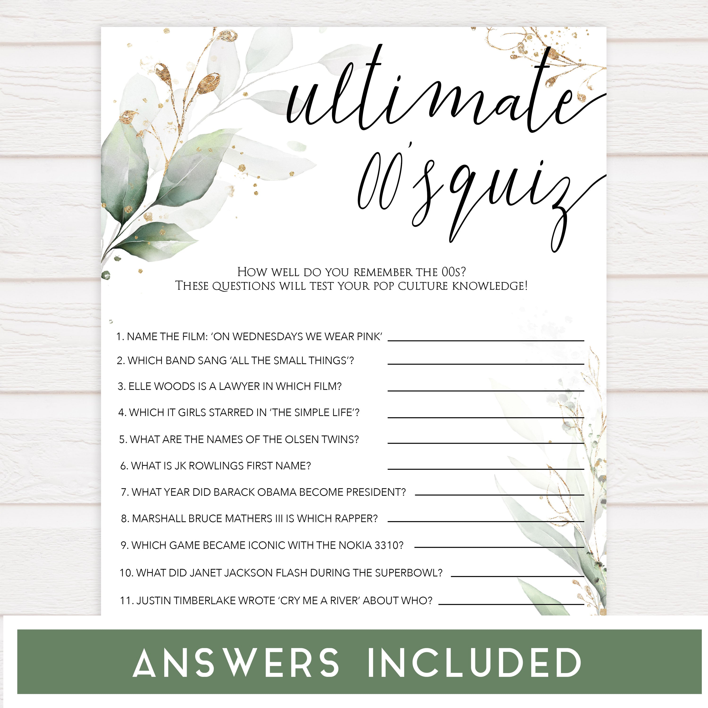 ultimate 00s quiz game, Printable bridal shower games, greenery bridal shower, gold leaf bridal shower games, fun bridal shower games, bridal shower game ideas, greenery bridal shower