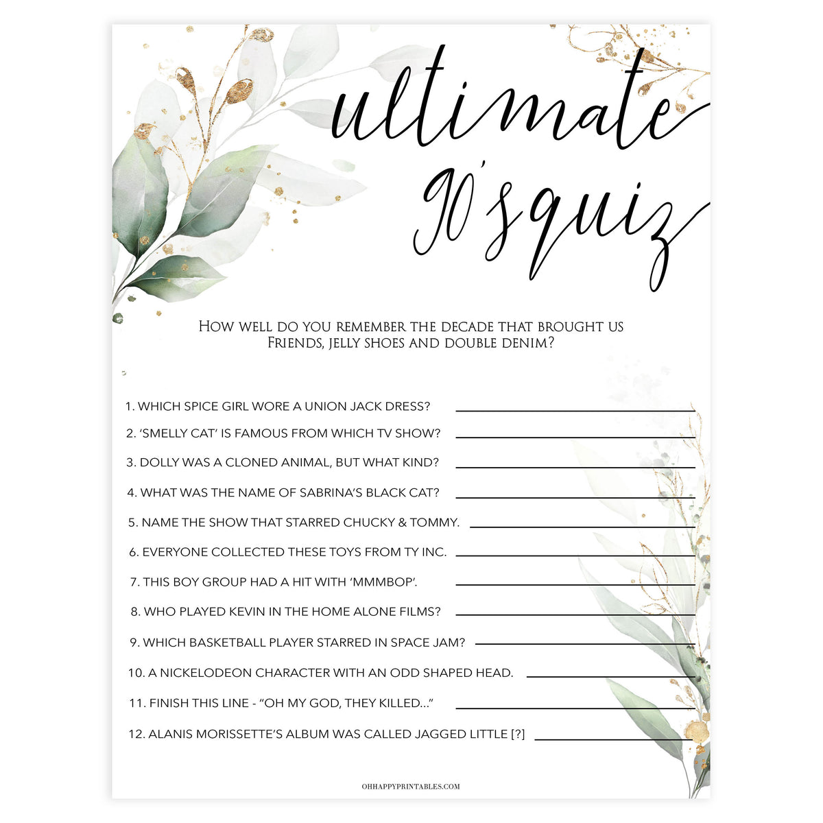 90s ultimate bridal game, Printable bachelorette games, greenery bachelorette, gold leaf hen party games, fun hen party games, bachelorette game ideas, greenery adult party games, naughty hen games, naughty bachelorette games