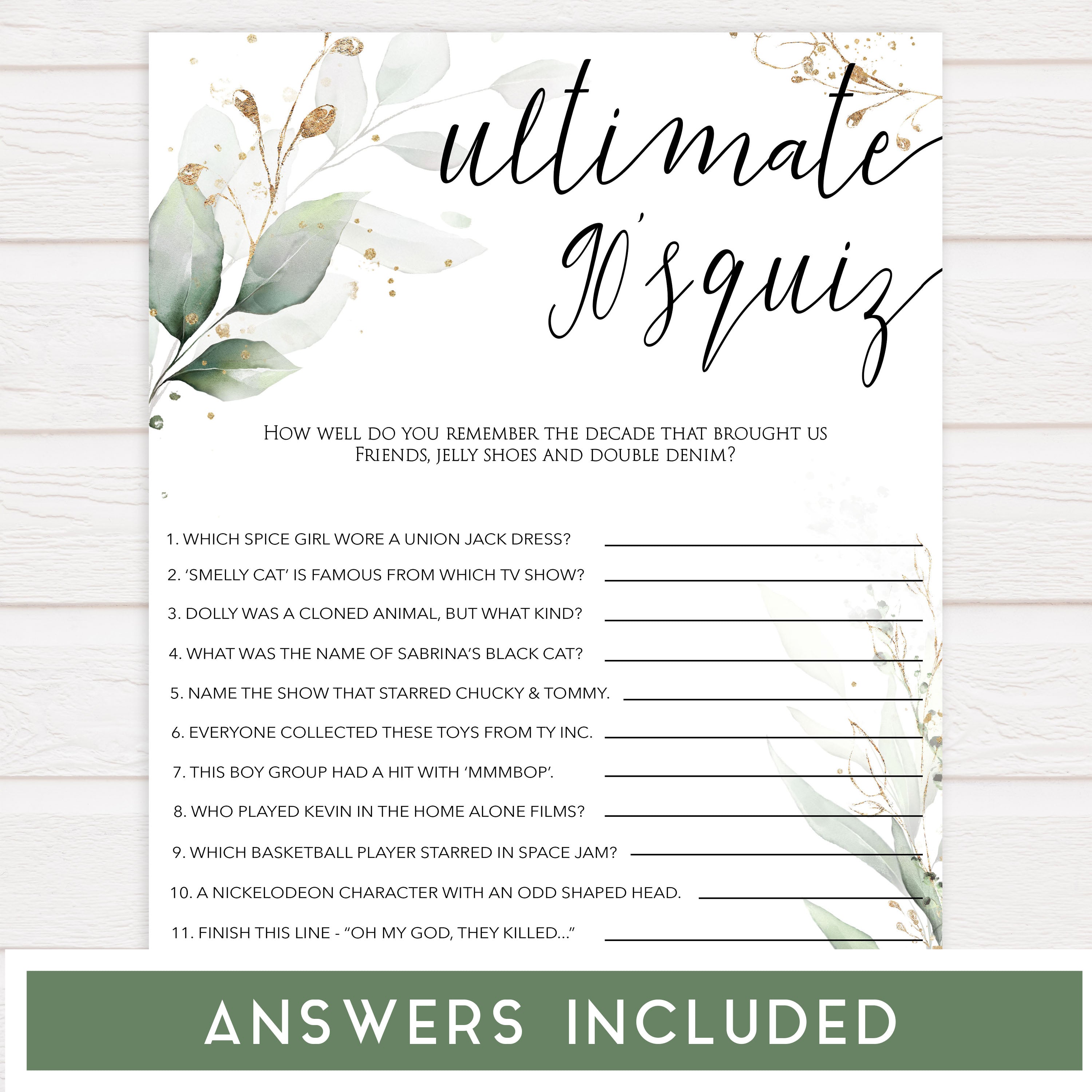 90s ultimate bridal game, Printable bachelorette games, greenery bachelorette, gold leaf hen party games, fun hen party games, bachelorette game ideas, greenery adult party games, naughty hen games, naughty bachelorette games