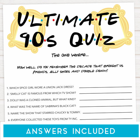 ultimate 90s quiz, 90s quiz game, Printable bachelorette games, friends bachelorette, friends hen party games, fun hen party games, bachelorette game ideas, friends adult party games, naughty hen games, naughty bachelorette games
