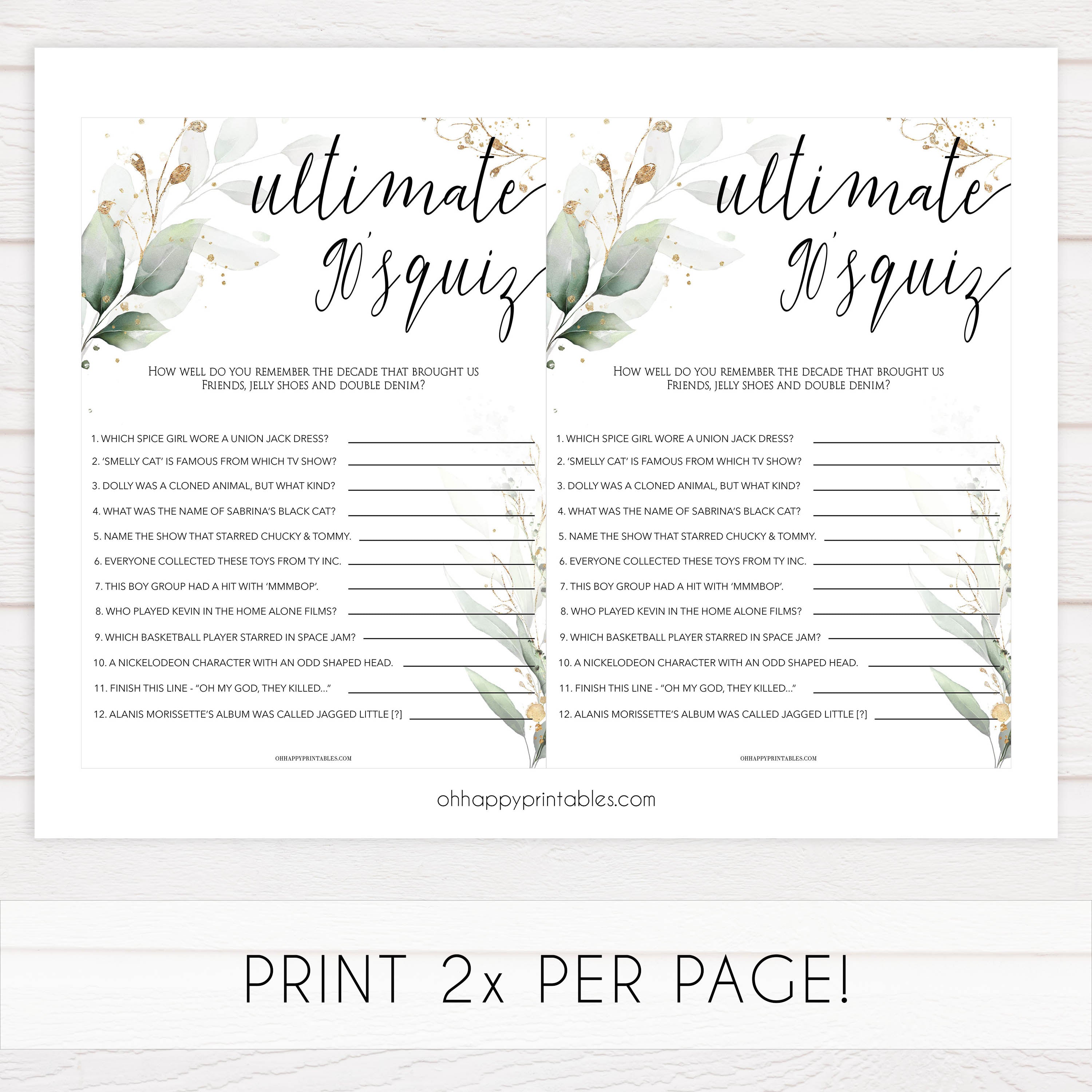 90s ultimate bridal game, Printable bachelorette games, greenery bachelorette, gold leaf hen party games, fun hen party games, bachelorette game ideas, greenery adult party games, naughty hen games, naughty bachelorette games