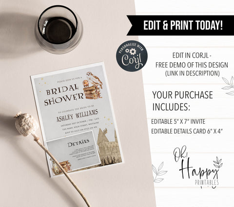 editable bridal shower invitations, printable bridal shower invitations, harry potter bridal invitations
