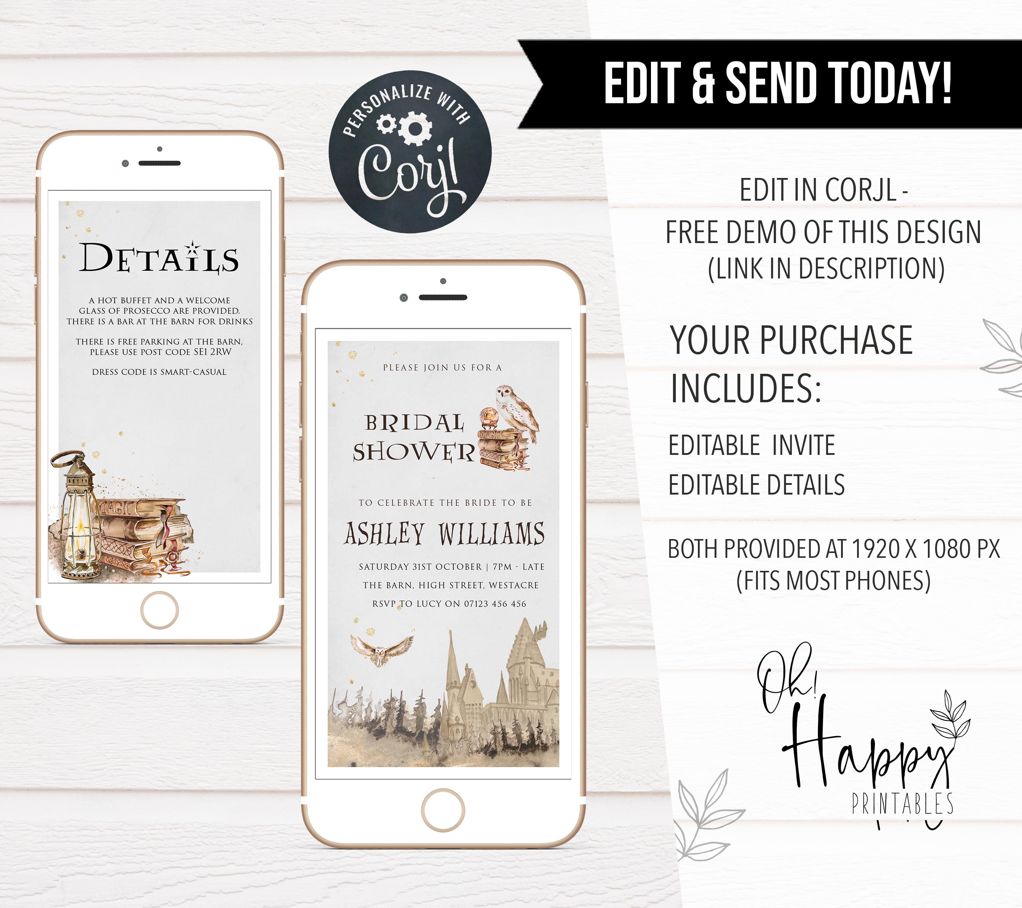 editable bachelorette mobile invitations, harry potter bachelorette invitations, mobile bridal invites