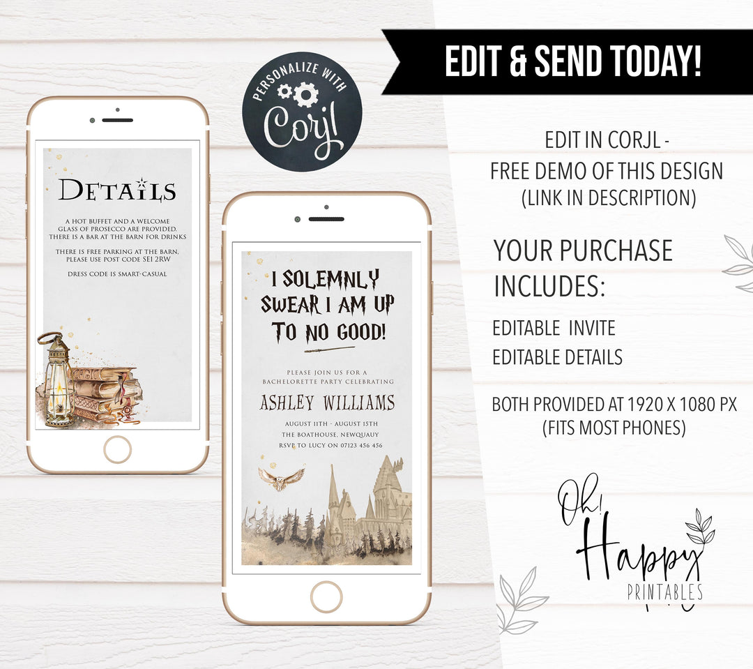 editable bachelorette mobile invitations, harry potter bachelorette invitations, mobile bridal invites
