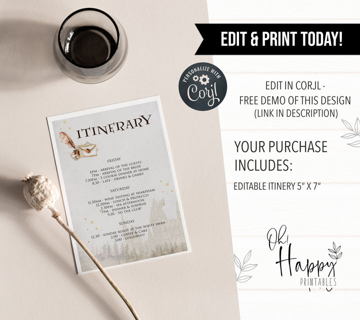 editable bridal itinerary, printable bridal itinerary, harry potter bridal shower