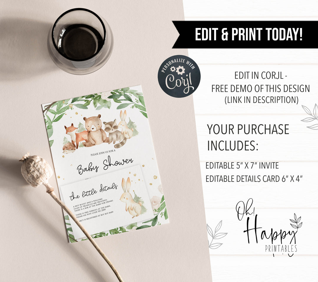 editable woodland animals baby shower invitation, printable woodland animals baby shower invitation, woodland animals baby theme, editable baby shower invitation